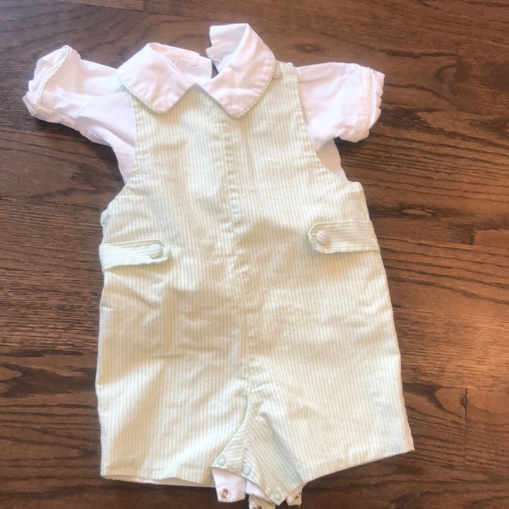Green/ white stripe Jon Jon (romper) w shirt